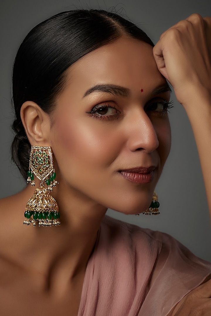 Gold Plated Kundan Polki & Onyx Jhumka Earrings by Kiara at Pernia's Pop Up Shop