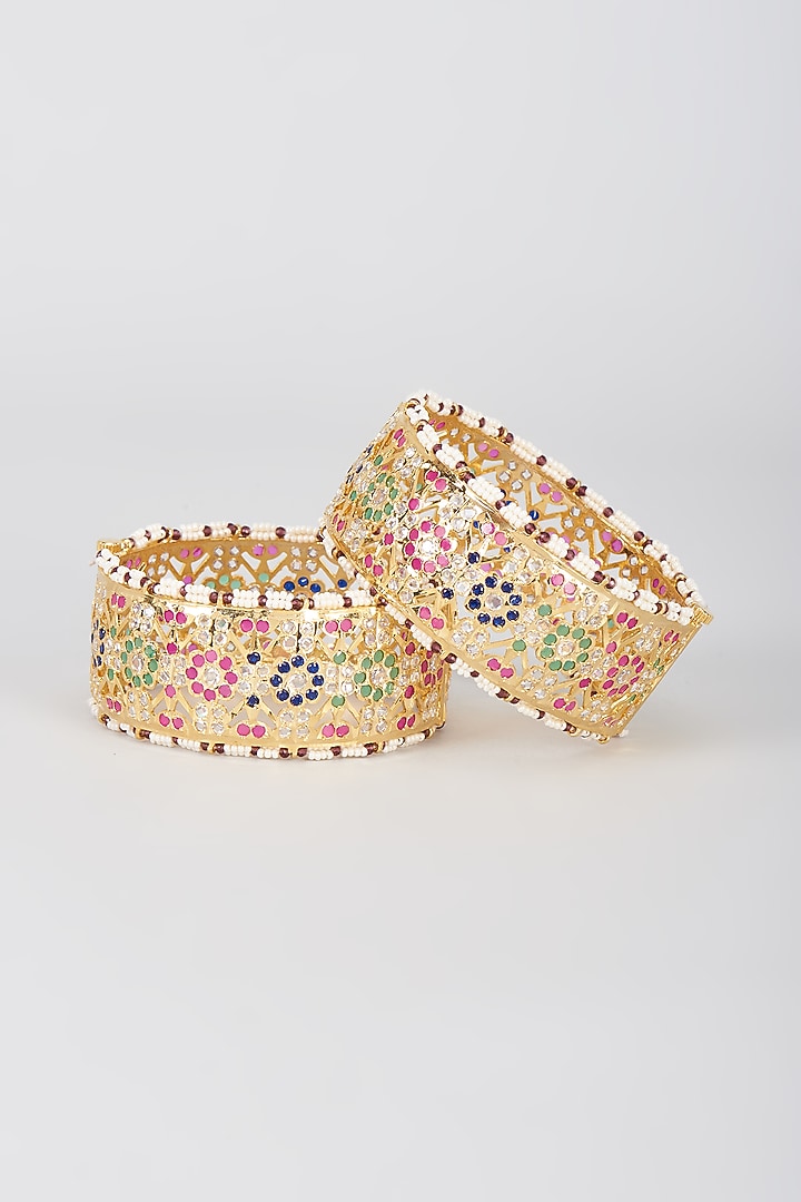 Gold Plated Kundan Polki & Onyx Bangles (Set Of 2) by Kiara at Pernia's Pop Up Shop