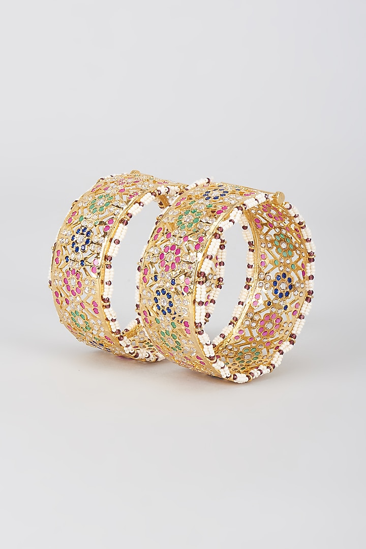 Gold Plated Kundan Polki & Onyx Bangles (Set Of 2) by Kiara at Pernia's Pop Up Shop