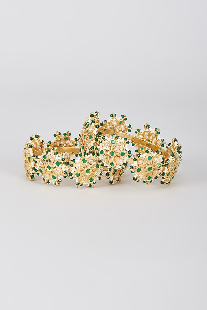 Gold Plated Kundan Polki & Onyx Bangles (Set Of 2) by Kiara at Pernia's Pop Up Shop