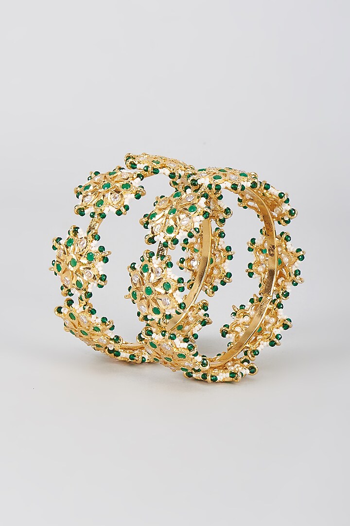 Gold Plated Kundan Polki & Onyx Bangles (Set Of 2) by Kiara at Pernia's Pop Up Shop