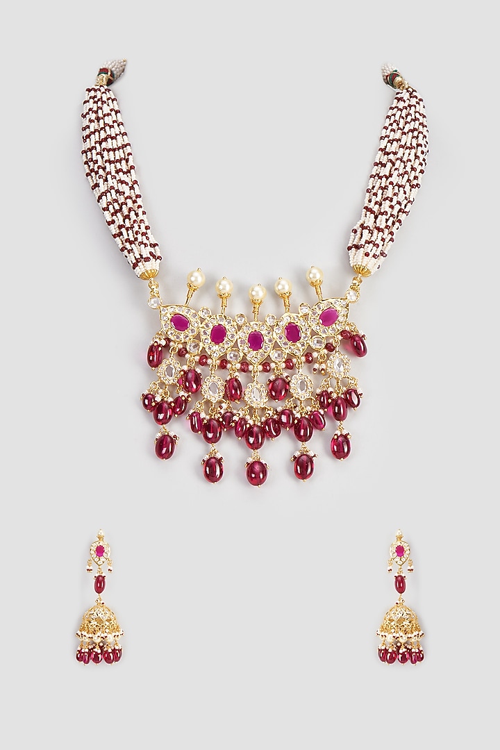 Gold Plated Kundan Polki & Red Onyx Choker Necklace Set by Kiara at Pernia's Pop Up Shop