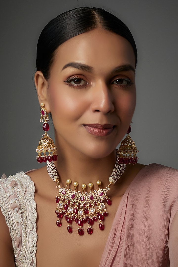 Gold Plated Kundan Polki & Red Onyx Choker Necklace Set by Kiara at Pernia's Pop Up Shop