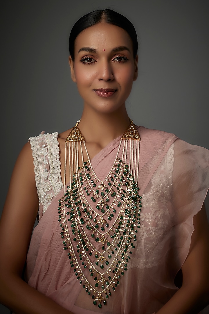 Gold Plated Kundan Polki & Onyx Long Layered Necklace by Kiara at Pernia's Pop Up Shop