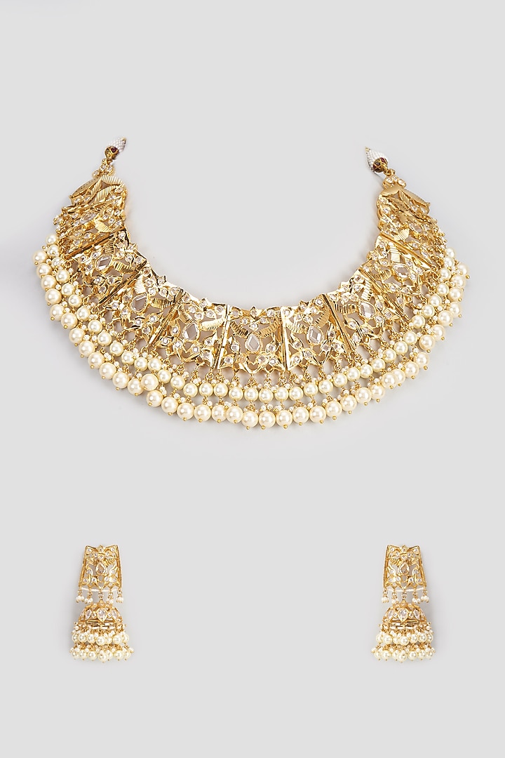Gold Plated Kundan Polki & Pearl Choker Necklace Set by Kiara at Pernia's Pop Up Shop