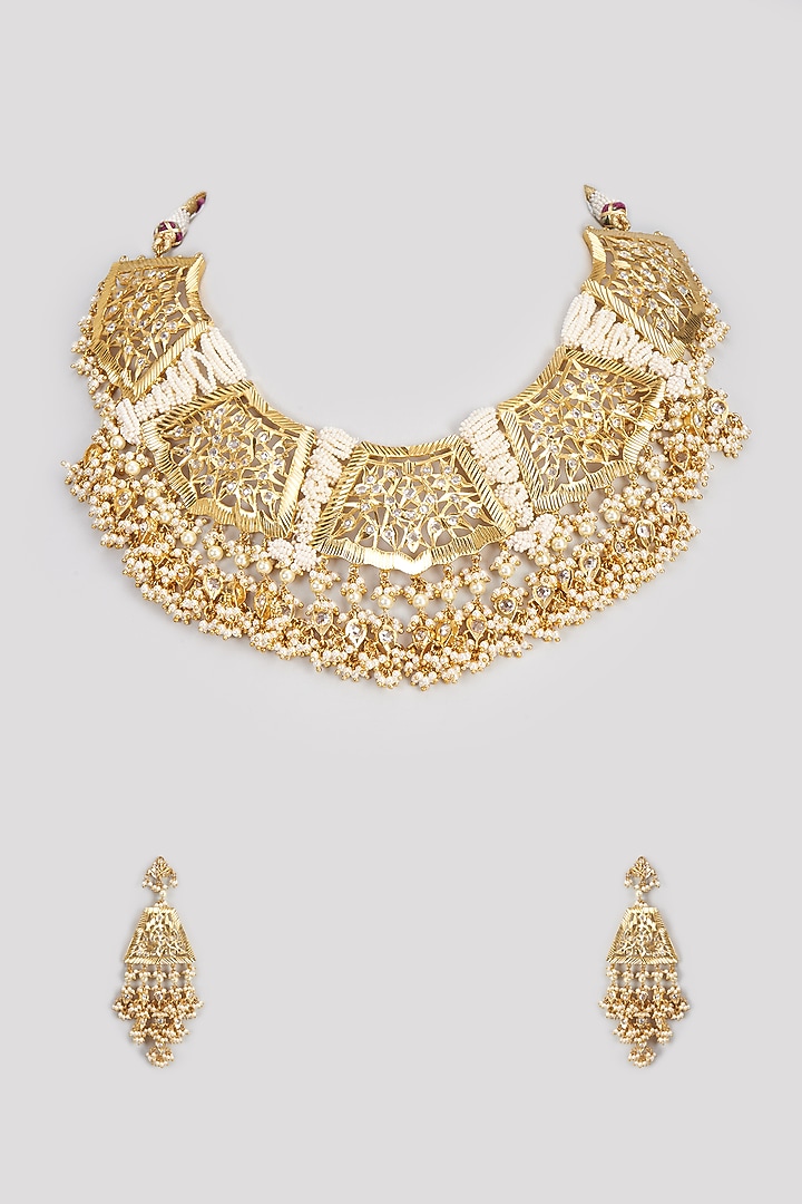 Gold Plated Kundan Polki & Pearl Choker Necklace Set by Kiara at Pernia's Pop Up Shop