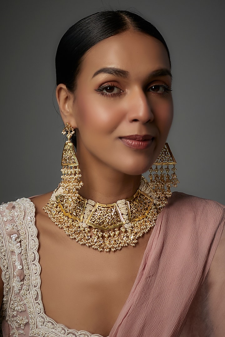 Gold Plated Kundan Polki & Pearl Choker Necklace Set by Kiara at Pernia's Pop Up Shop