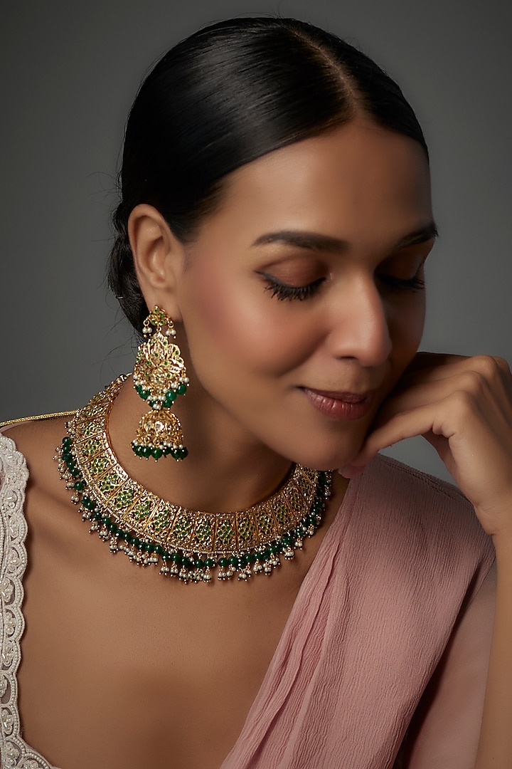 Gold Plated Kundan Polki & Pearl Choker Necklace Set by Kiara at Pernia's Pop Up Shop