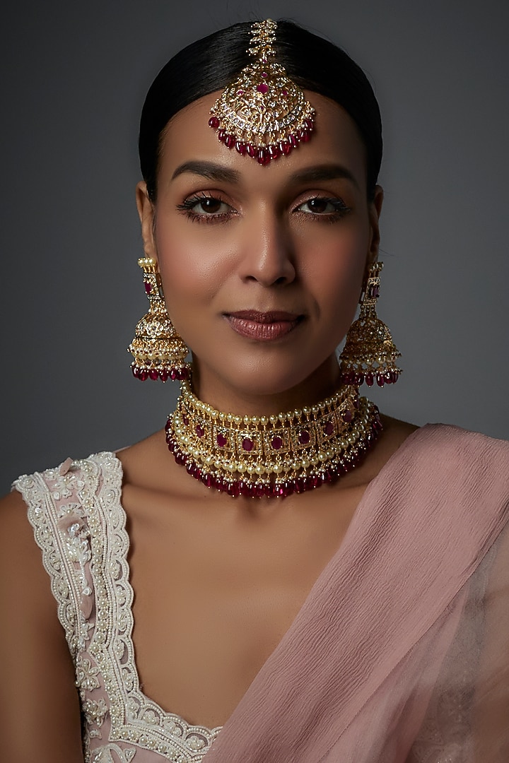 Gold Plated Kundan Polki & Pearl Choker Necklace Set by Kiara at Pernia's Pop Up Shop