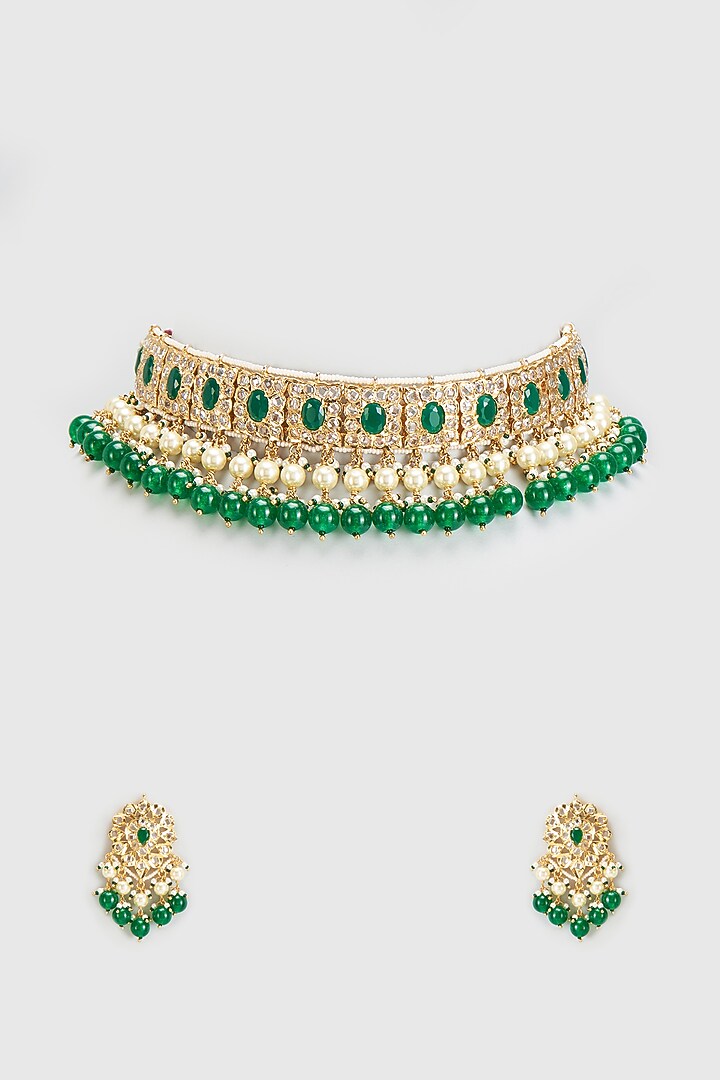 Gold Plated Kundan Polki & Green Onyx Choker Necklace Set by Kiara at Pernia's Pop Up Shop