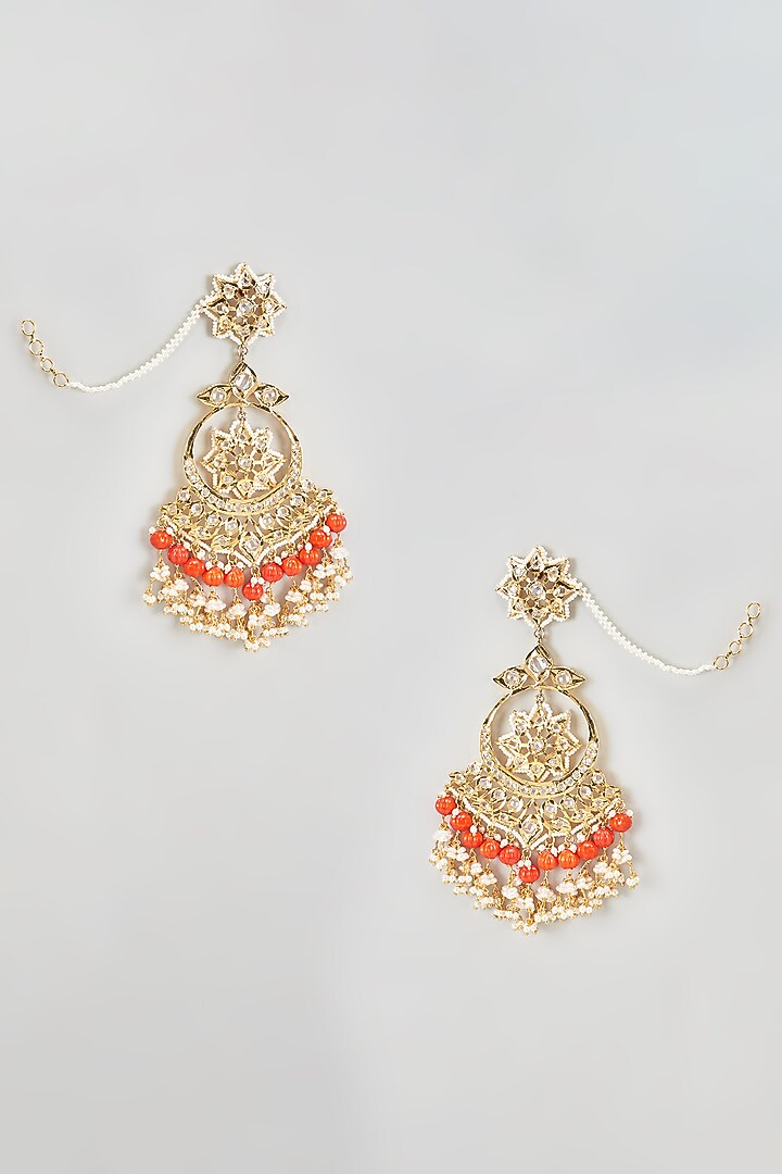 Gold Plated Kundan Polki & Coral Stone Chandbali Earrings by Kiara at Pernia's Pop Up Shop