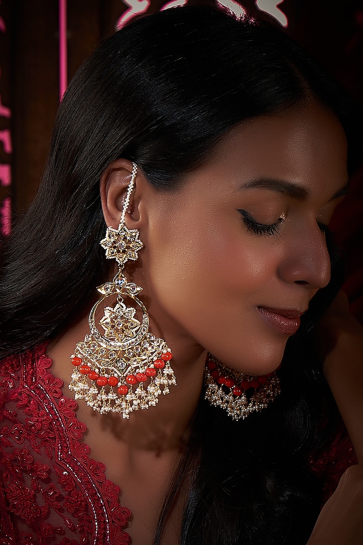 Gold Plated Kundan Polki & Coral Stone Chandbali Earrings by Kiara at Pernia's Pop Up Shop