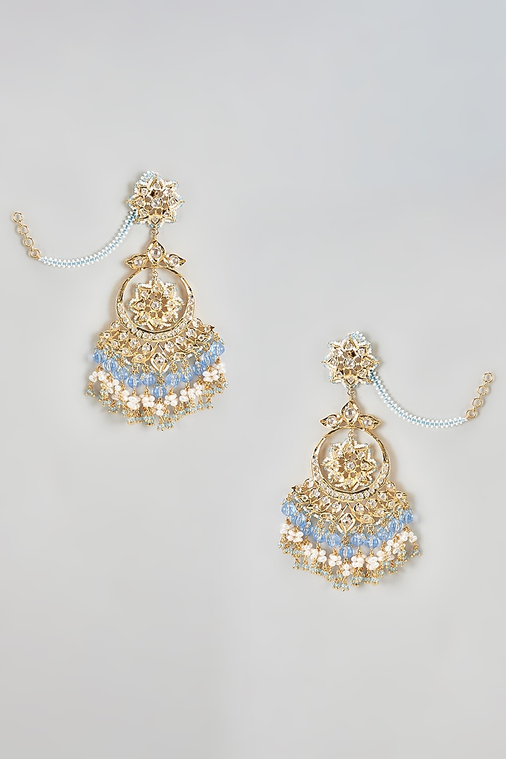 Gold Plated Kundan Polki & Blue Onyx Chandbali Earrings by Kiara at Pernia's Pop Up Shop