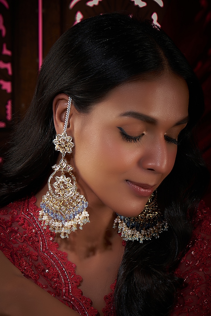 Gold Plated Kundan Polki & Blue Onyx Chandbali Earrings by Kiara at Pernia's Pop Up Shop