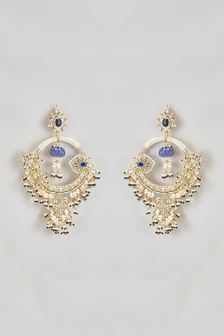 Gold Plated Kundan Polki & Blue Onyx Chandbali Earrings by Kiara at Pernia's Pop Up Shop