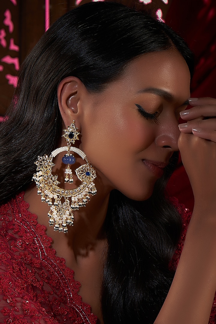 Gold Plated Kundan Polki & Blue Onyx Chandbali Earrings by Kiara at Pernia's Pop Up Shop