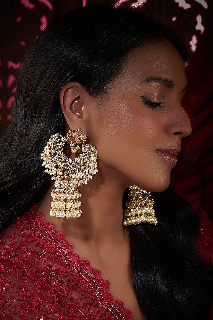 Gold Plated Kundan Polki & Pearl Jhumka Earrings by Kiara at Pernia's Pop Up Shop