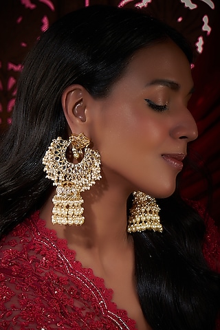 Gold Plated Kundan Polki & Pearl Jhumka Earrings by Kiara