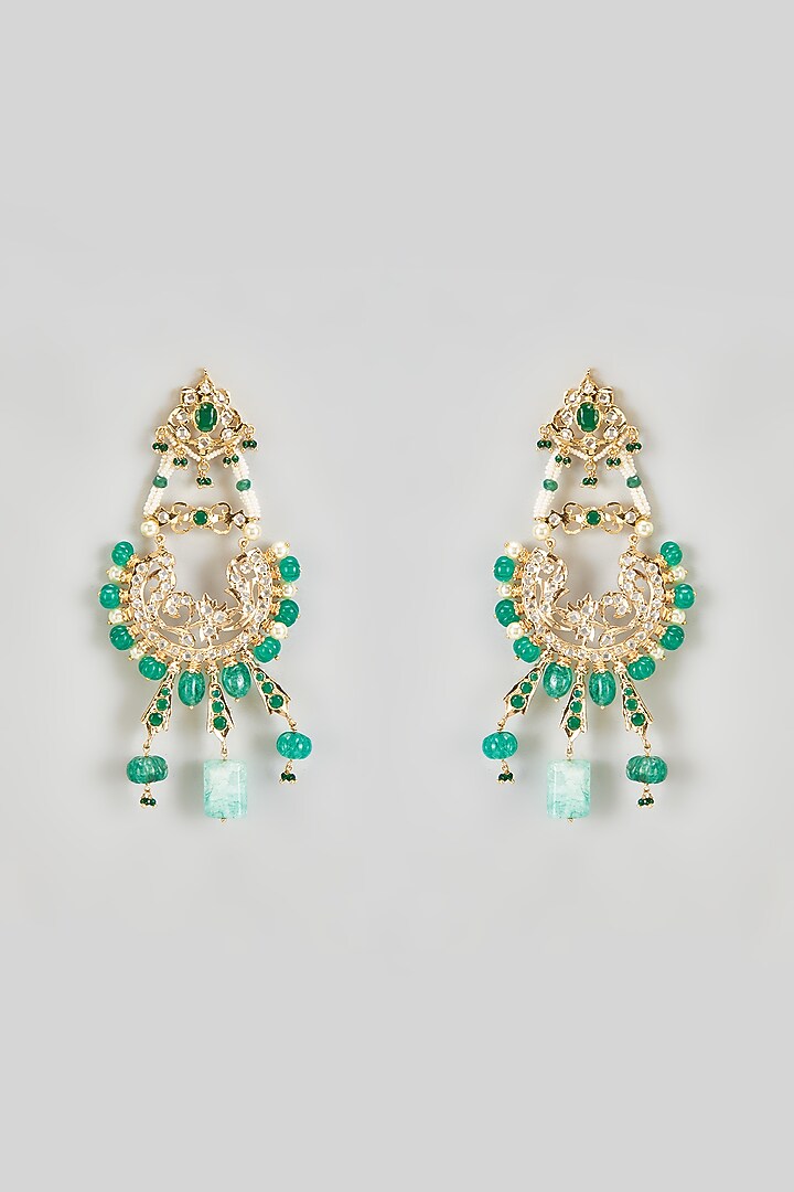 Gold Plated Kundan Polki & Green Onyx Chandbali Earrings by Kiara at Pernia's Pop Up Shop