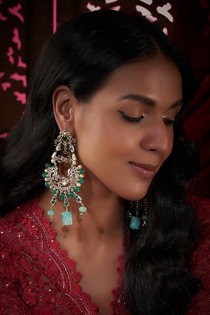 Gold Plated Kundan Polki & Green Onyx Chandbali Earrings by Kiara at Pernia's Pop Up Shop