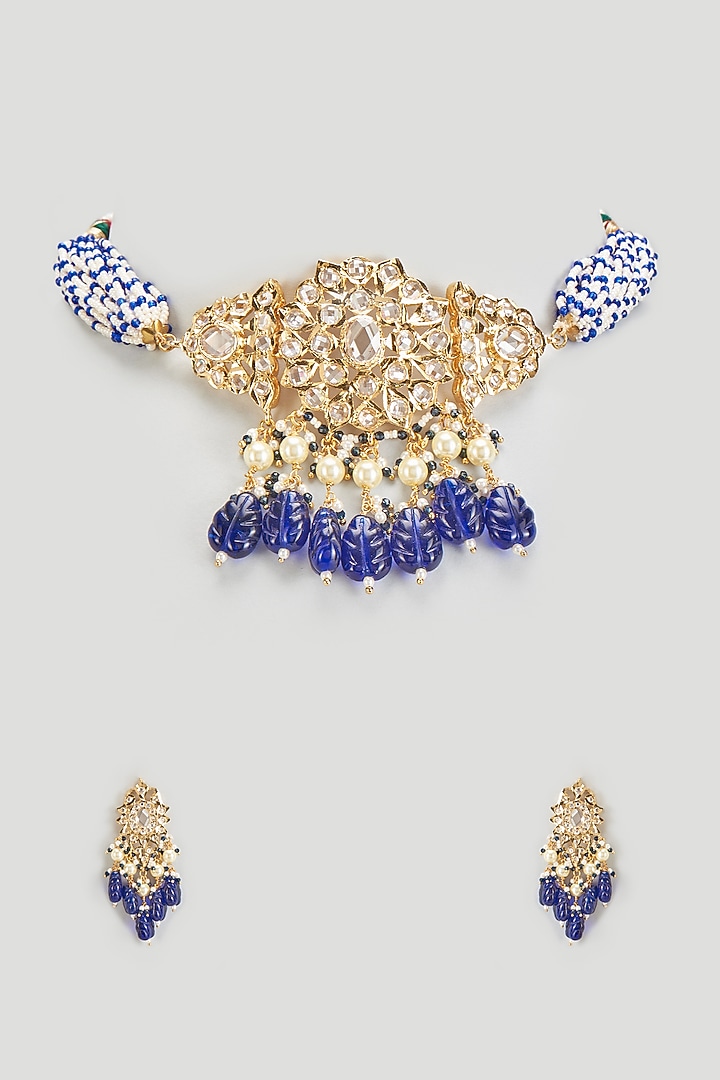Gold Plated Kundan Polki & Blue Onyx Choker Necklace Set by Kiara at Pernia's Pop Up Shop