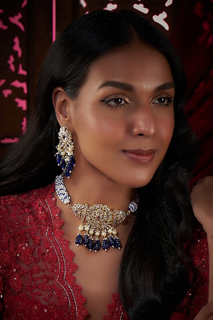 Gold Plated Kundan Polki & Blue Onyx Choker Necklace Set by Kiara at Pernia's Pop Up Shop