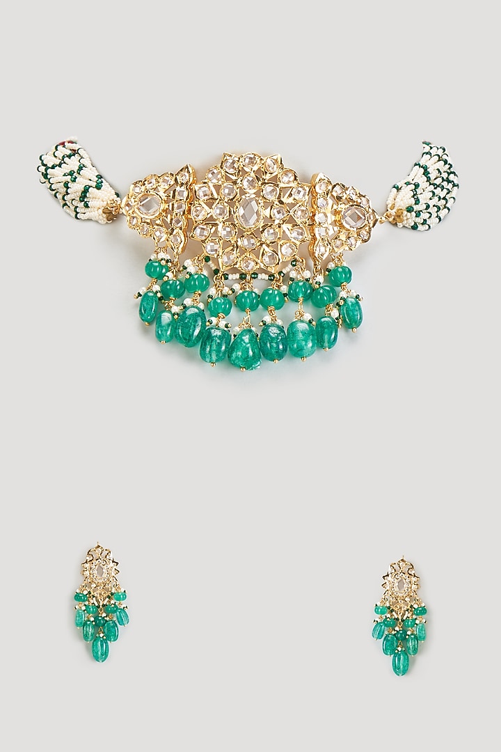Gold Plated Kundan Polki & Green Onyx Choker Necklace Set by Kiara at Pernia's Pop Up Shop