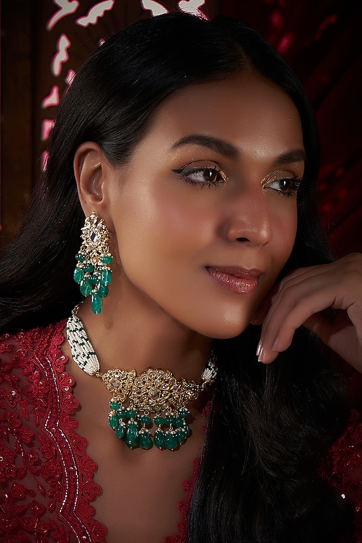 Gold Plated Kundan Polki & Green Onyx Choker Necklace Set by Kiara at Pernia's Pop Up Shop
