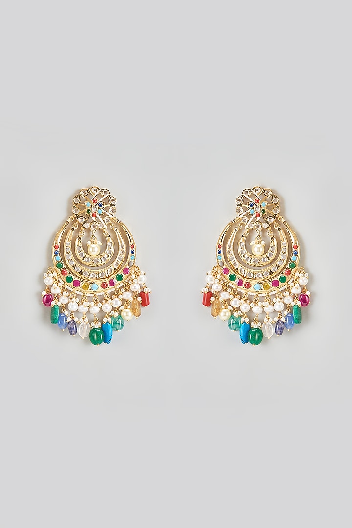 Gold Plated Kundan Polki & Navratna Stone Chandbali Earrings by Kiara at Pernia's Pop Up Shop