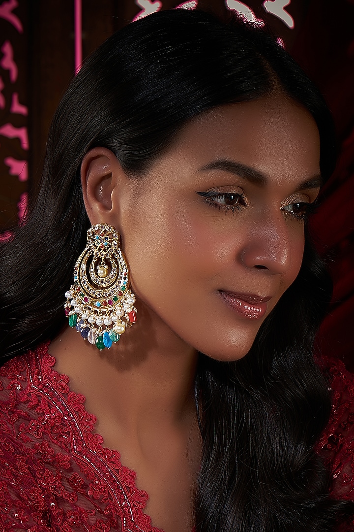 Gold Plated Kundan Polki & Navratna Stone Chandbali Earrings by Kiara at Pernia's Pop Up Shop