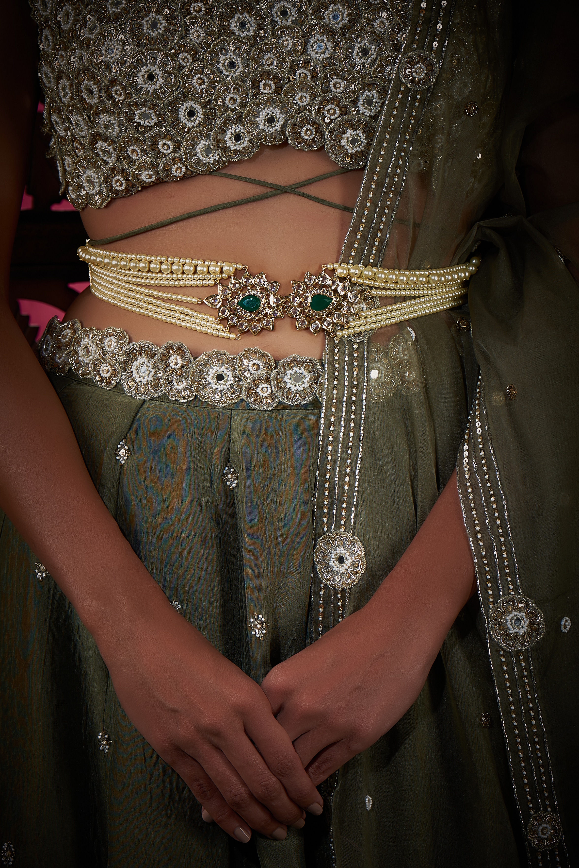 Cream Top With Embroidered Belt Lehenga And Dupatta | Payal Singhal – KYNAH
