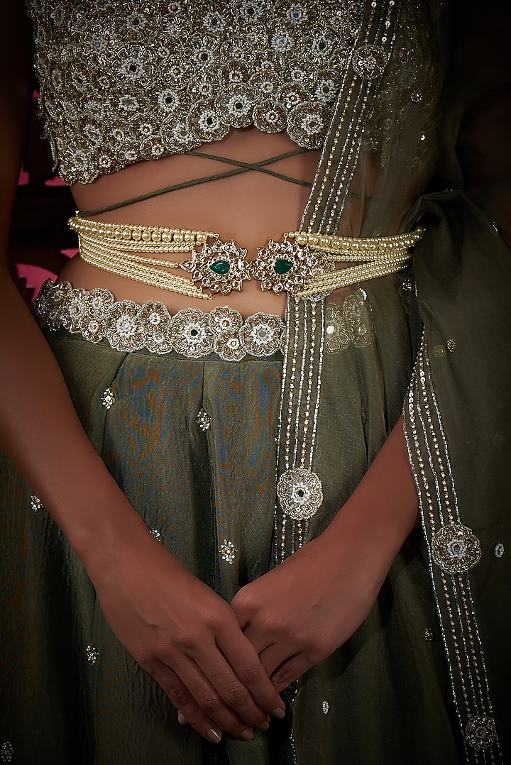 Gold Plated Kundan Polki & Green Onyx Waist Belt by Kiara at Pernia's Pop Up Shop