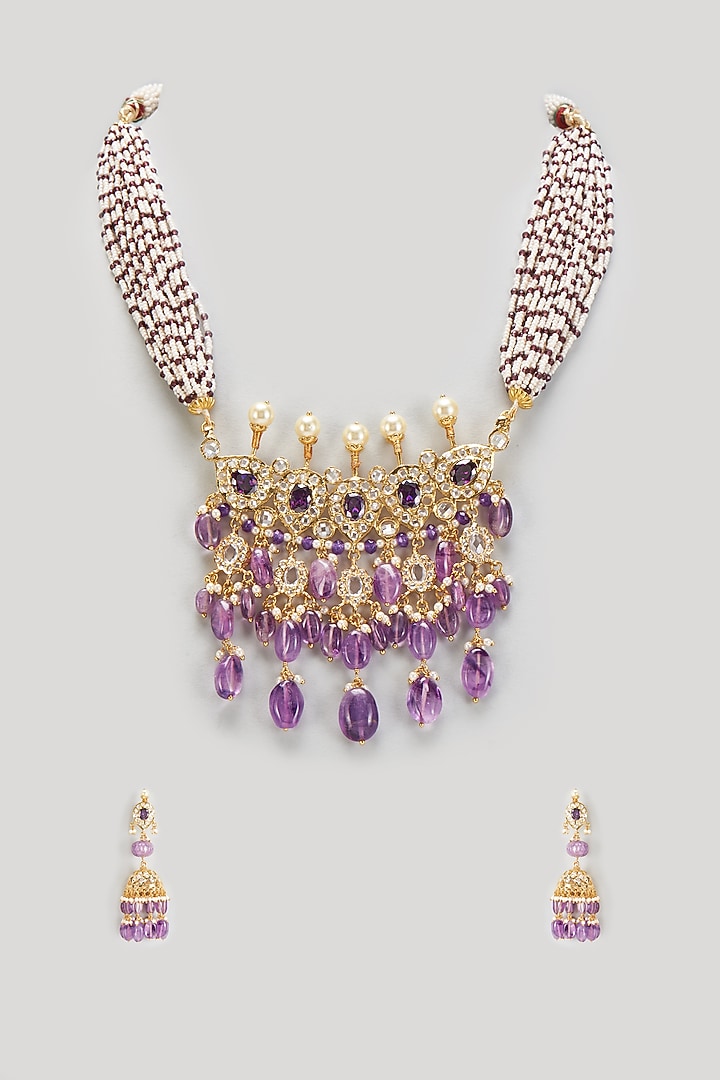Gold Plated Kundan Polki & Purple Onyx Choker Necklace Set by Kiara at Pernia's Pop Up Shop