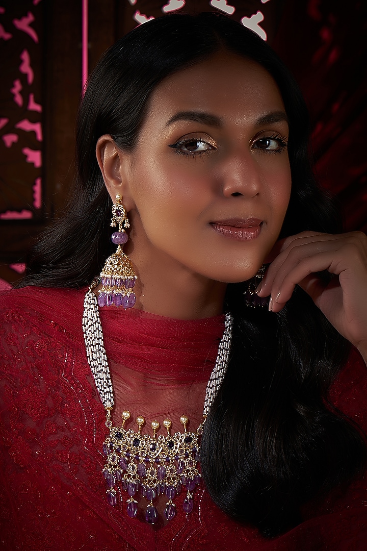 Gold Plated Kundan Polki & Purple Onyx Choker Necklace Set by Kiara at Pernia's Pop Up Shop
