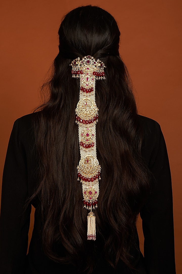 Gold Plated Pearl & Red Onyx Headgear by Kiara at Pernia's Pop Up Shop