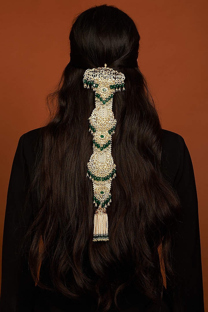 Gold Plated Pearl & Green Onyx Headgear by Kiara at Pernia's Pop Up Shop