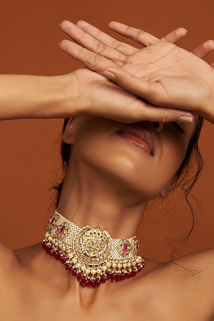 Gold Plated Kundan Polki & Red Onyx Choker Necklace by Kiara