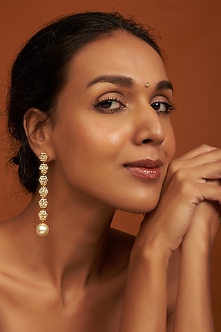 Gold Plated Kundan Polki Long Dangler Earrings by Kiara