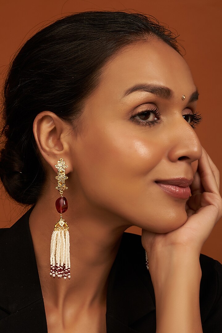 Gold Plated Red Onyx Tumble Jhumka Earrings by Kiara at Pernia's Pop Up Shop