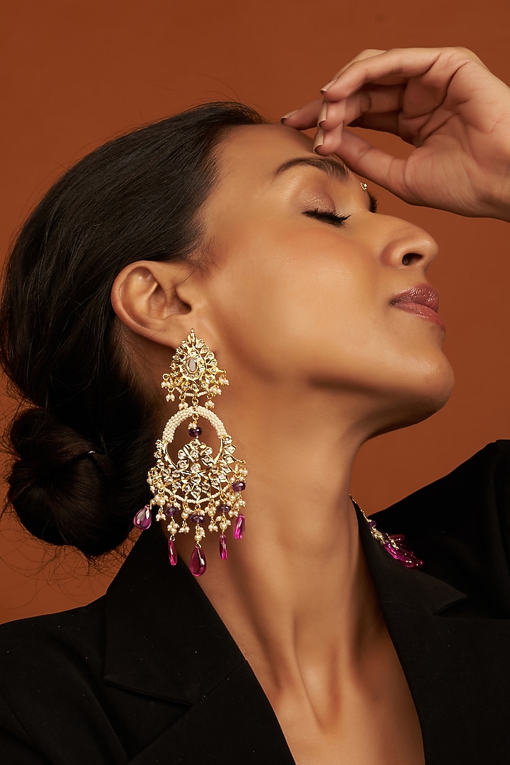Gold Plated Kundan Polki Chandbali Earrings by Kiara at Pernia's Pop Up Shop