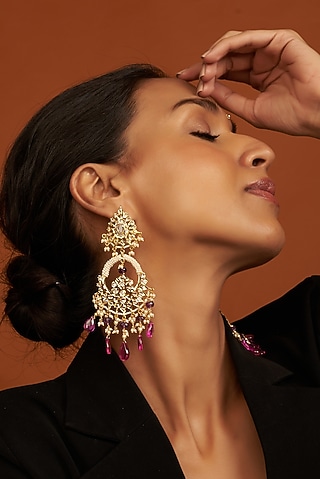 Gold Plated Kundan Polki Chandbali Earrings by Kiara