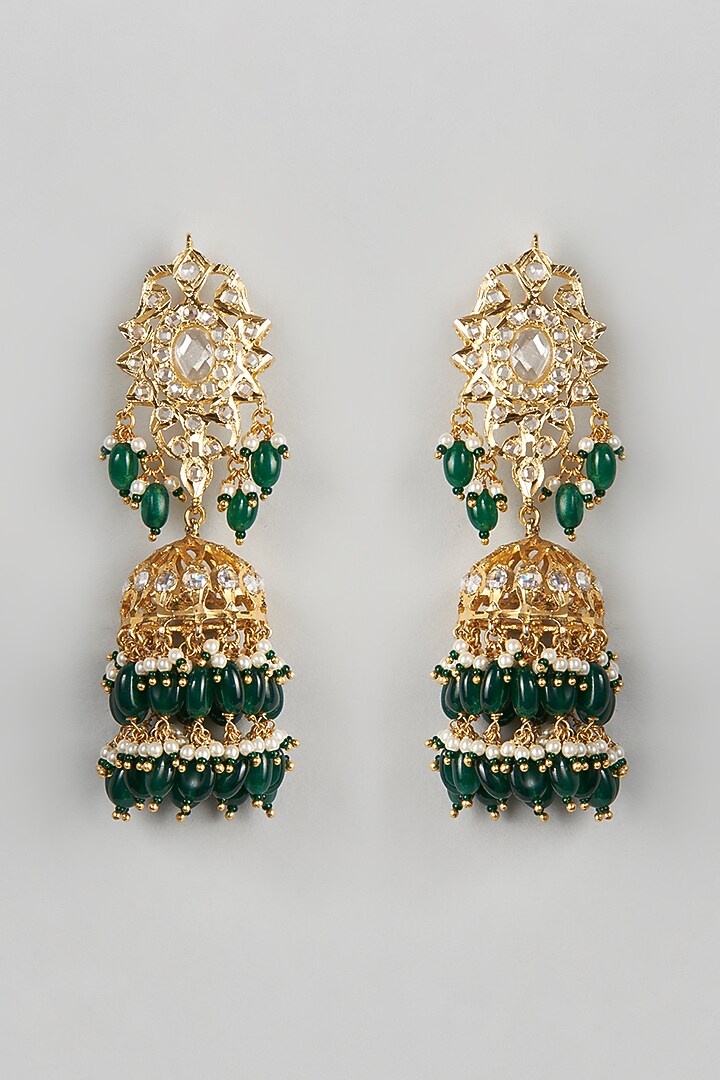 Gold Plated Green Onyx Beaded Jhumka Earrings by Kiara at Pernia's Pop Up Shop