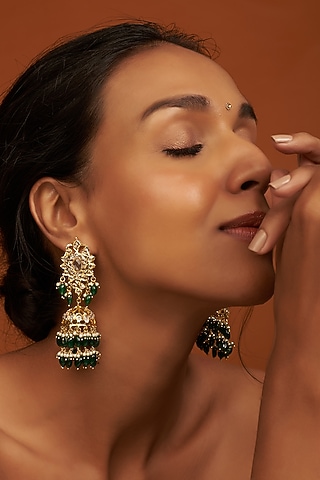 Gold Plated Green Onyx Beaded Jhumka Earrings by Kiara