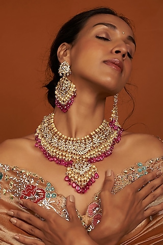 Gold Plated Kundan Polki Choker Necklace Set by Kiara
