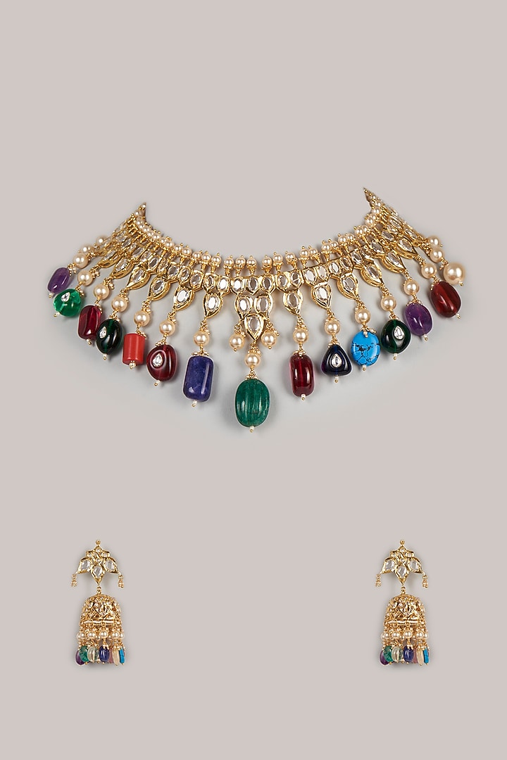 Gold Plated Navratna Stone Choker Necklace Set by Kiara at Pernia's Pop Up Shop