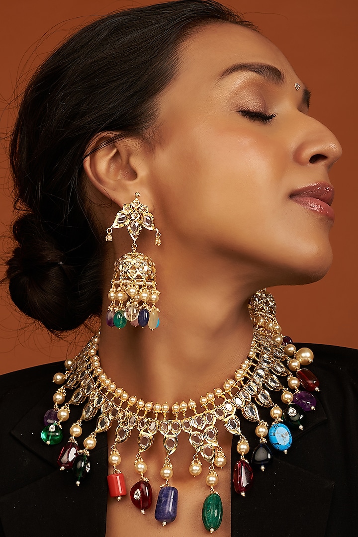 Gold Plated Navratna Stone Choker Necklace Set by Kiara