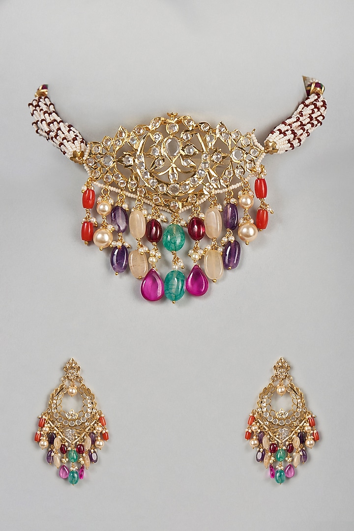 Gold Plated Navratna Beads Choker Necklace Set by Kiara at Pernia's Pop Up Shop