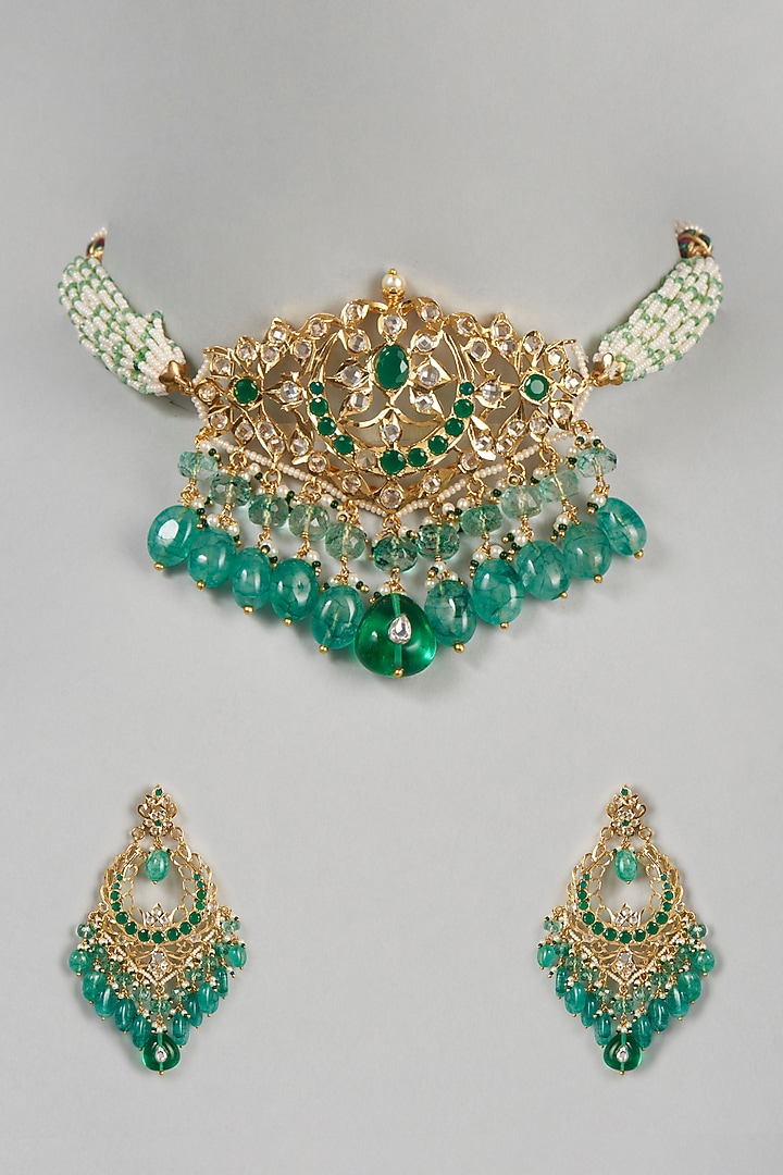 Gold Plated Green Onyx Choker Necklace Set by Kiara at Pernia's Pop Up Shop