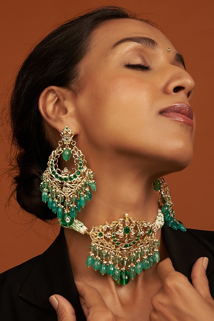 Gold Plated Green Onyx Choker Necklace Set by Kiara at Pernia's Pop Up Shop