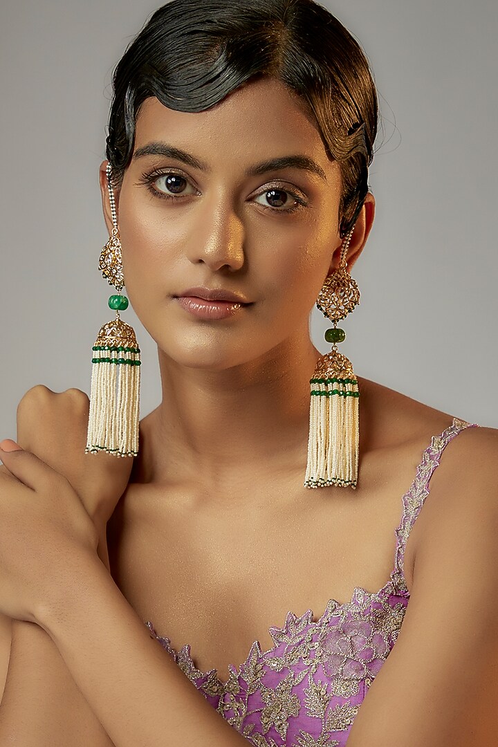 Gold Plated Semi-Precious Kundan Polki & Pearl Dangler Earrings by Kiara at Pernia's Pop Up Shop